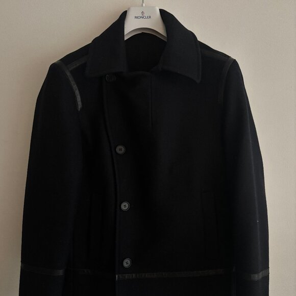 $800 AllSaints Salter Navy Wool Pea Coat Leather Trim- Medium - Picture 2 of 14